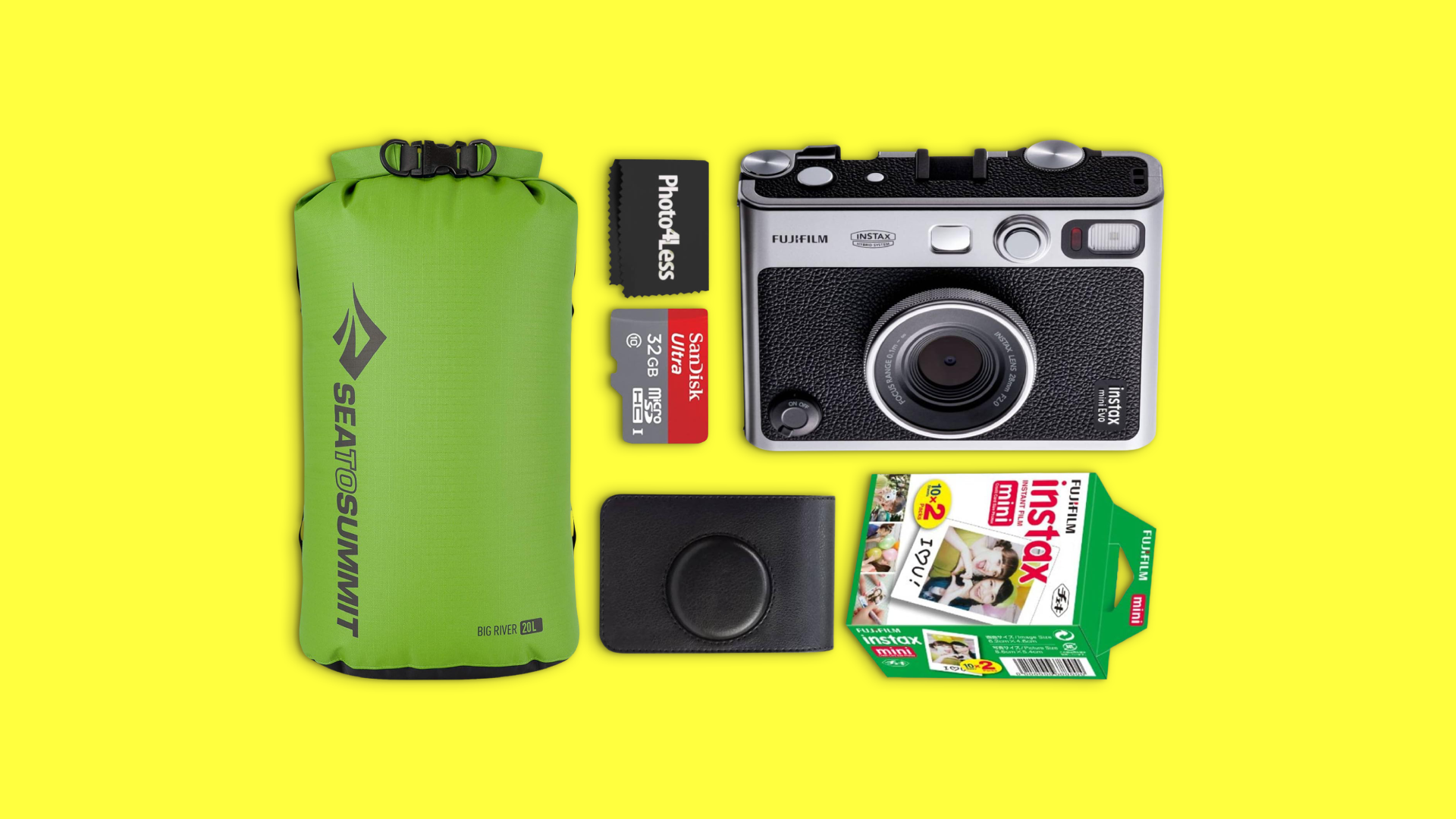 TBEX giveaway prize bundle: Fujifilm Instax Mini EVO camera, instant film, microSD card, camera case, and Sea to Summit dry bag