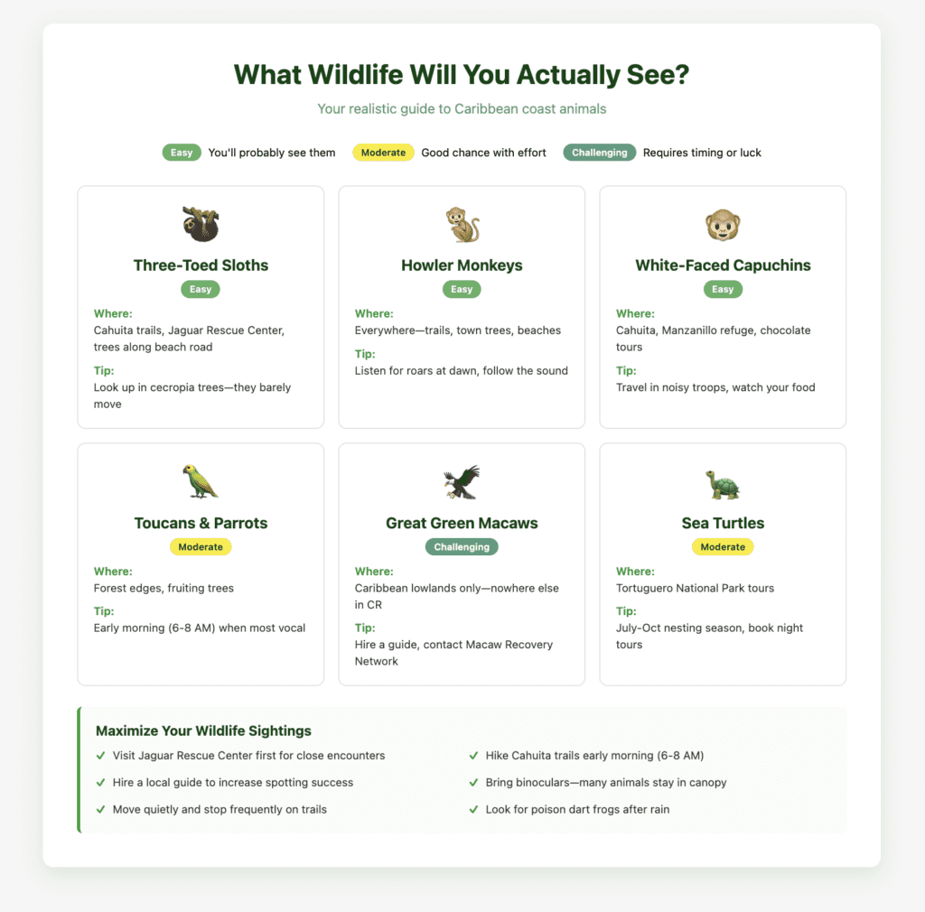 Quick wildlife spotting guide for Puerto Viejo showing six common animals including sloths, monkeys, toucans, Great Green Macaws, and sea turtles with difficulty ratings and viewing tips for the Caribbean coast.