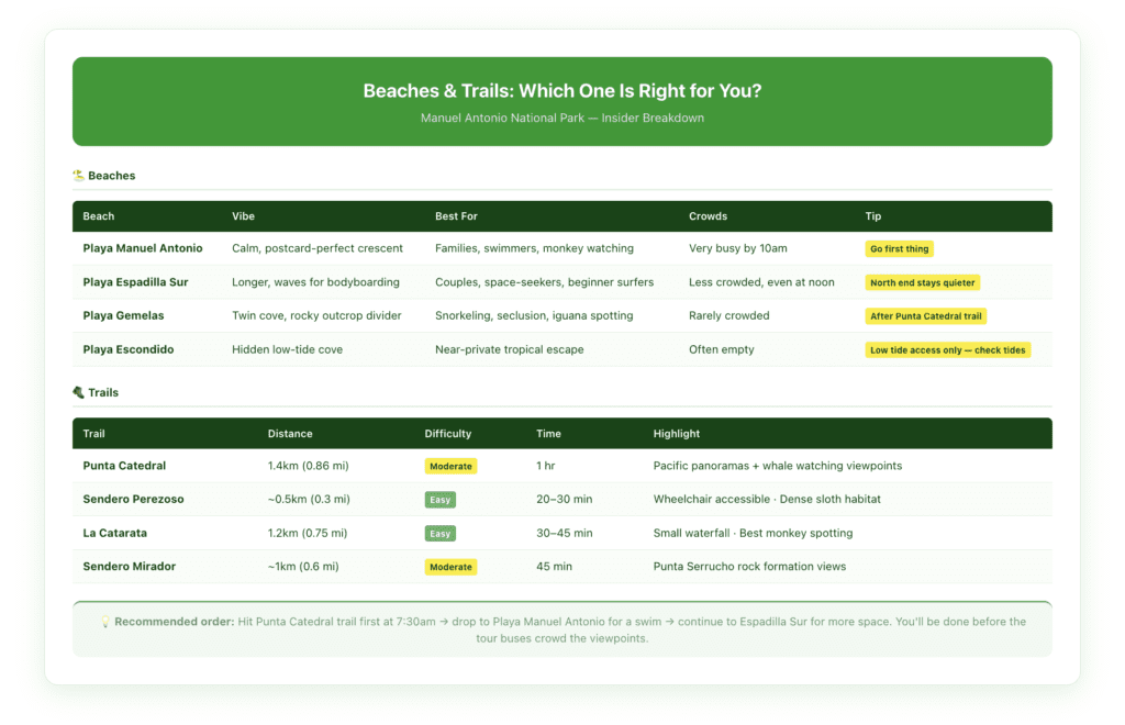 Side-by-side comparison table of Manuel Antonio's four beaches and four trails, showing crowd levels, best use cases, trail distances in miles and kilometers, difficulty ratings, and insider tips for each option including Punta Catedral, Sendero Perezoso, La Catarata, Sendero Mirador, Playa Manuel Antonio, Playa Espadilla Sur, Playa Gemelas, and Playa Escondido.