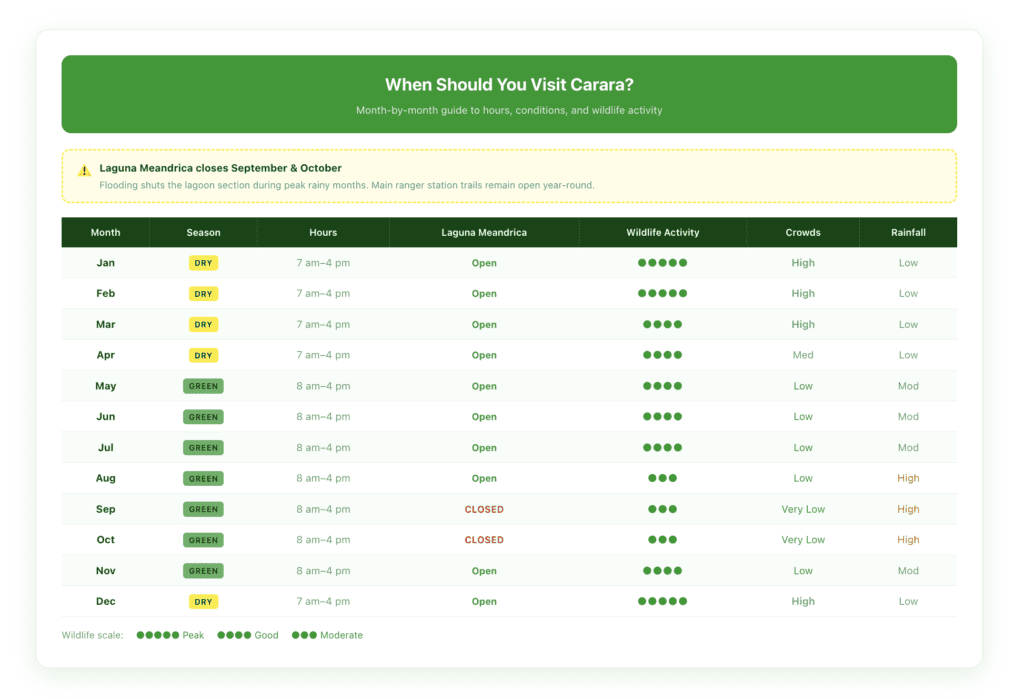 Monthly visitor guide table for Carara National Park showing season label, park opening hours, Laguna Meandrica status open or closed, wildlife activity level, crowd level, and rainfall for each of the 12 months.