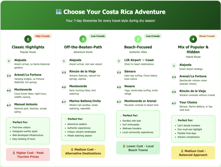 Choose Your Costa Rica Adventure Dry Season Infographic comparing four 7-day Costa Rica dry season itinerary options. Option 1: Classic Highlights (high crowds, higher cost) includes Alajuela, Arenal/La Fortuna, Monteverde, and Manuel Antonio - perfect for first-time visitors. Option 2: Off-the-Beaten-Path (low crowds, medium cost) features Alajuela, Rincón de la Vieja, Monteverde, and Marino Ballena/Uvita - ideal for adventure seekers. Option 3: Beach-Focused (low crowds, lower cost) covers LIR Airport to coast, Sámara, Nosara, and choice of Monteverde or Arenal - suited for families and surf enthusiasts. Option 4: Mix of Popular & Hidden (mixed crowds, medium cost) combines Alajuela, Arenal, Rincón de la Vieja, with flexible final destination - perfect for undecided travelers.