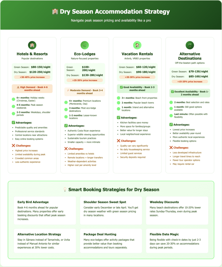 Dry Season Accommodation Strategy Dry Season Infographic displaying dry season accommodation pricing and booking strategies for Costa Rica. Compares four accommodation types with green season vs dry season pricing: Hotels & Resorts ($80-150 vs $120-250/night, 30-40% increase), Eco-Lodges ($100-200 vs $130-280/night, 25-35% increase), Vacation Rentals ($60-120 vs $90-180/night, 20-30% increase), and Alternative Destinations ($70-130 vs $85-160/night, 15-25% increase). Shows booking timelines from 6+ months for holiday weeks down to 1 month for alternative locations. Bottom section provides six smart booking strategies including early bird advantage, shoulder season sweet spots, weekday discounts, alternative location strategy, package deal hunting, and flexible date benefits.