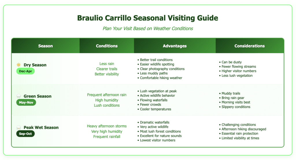 Braulio Carrillo Seasonal Visiting Guide Braulio Seasonal planning guide for Braulio Carrillo National Park featuring three main periods: Dry Season (Dec-Apr) with sunny icon showing less rain and clearer trails, advantages include better trail conditions and easier wildlife spotting, considerations include dusty conditions and fewer flowing streams; Green Season (May-Nov) with rain icon showing frequent afternoon rain and lush conditions, advantages include peak vegetation and active wildlife, considerations include muddy trails and need for rain gear; Peak Wet Season (Sep-Oct) with storm icon showing heavy afternoon storms, advantages include dramatic waterfalls and very active wildlife, considerations include challenging conditions and afternoon hiking discouraged. Table uses green color coding for seasonal badges.