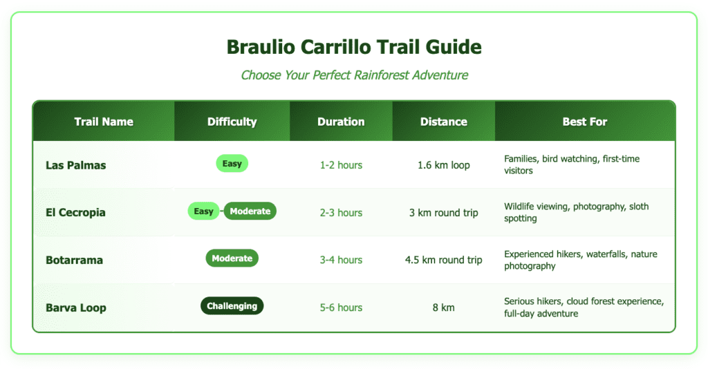 Braulio Carrillo Trail Guide Braulio Comprehensive trail guide for Braulio Carrillo National Park showing four hiking options: Las Palmas (Easy, 1-2 hours, 1.6km loop) best for families and bird watching; El Cecropia (Easy-Moderate, 2-3 hours, 3km round trip) ideal for wildlife viewing and photography; Botarrama (Moderate, 3-4 hours, 4.5km round trip) suited for experienced hikers seeking waterfalls; and Barva Loop (Challenging, 5-6 hours, 8km) designed for serious hikers wanting full-day cloud forest adventure. Table includes difficulty badges color-coded from easy green to challenging dark green.