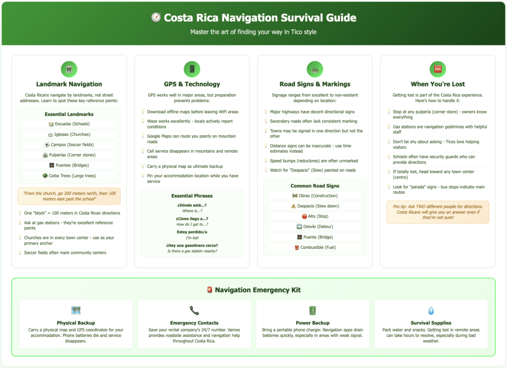 Costa Rica Navigation Survival Guide Driving Costa Rica Navigation Survival Guide infographic showing four key navigation methods: landmark navigation using local reference points like churches and soccer fields, GPS technology tips for mountain areas, road sign translations, and what to do when lost. Bottom section features emergency kit essentials including physical maps, emergency contacts, power backup, and survival supplies.