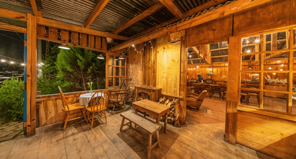 Cozy Rustic Wooden Lodge Interior at Night Caribbean Cozy Rustic Wooden Lodge Interior at Night