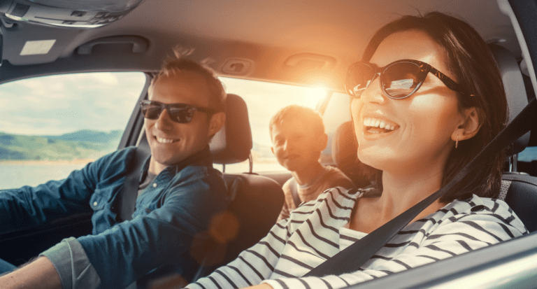 Happy family ride in the car