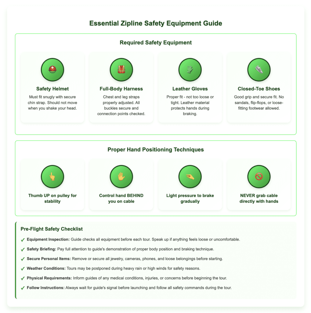 Zipline safety equipment guide showing four essential items in a grid format: safety helmet with secure chin strap, full-body harness with chest and leg straps, leather gloves for hand protection, and closed-toe shoes with good grip. Below that, a four-part hand positioning guide showing thumb up on pulley, control hand behind body, light braking pressure, and warning against grabbing cable directly. Includes a 6-point safety checklist covering equipment inspection, safety briefing attention, securing personal items, weather considerations, physical requirements disclosure, and following guide instructions. Uses green color scheme with white background and clear icons for maximum readability.