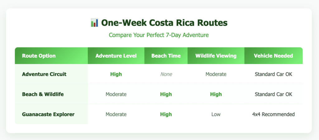 Comparison table showing three one-week Costa Rica vacation routes: Adventure Circuit (high adventure, no beaches, moderate wildlife, standard car), Beach & Wildlife (moderate adventure, high beach time, high wildlife, standard car), and Guanacaste Explorer (moderate adventure, high beach time, low wildlife, 4x4 recommended). Table uses green and white color scheme with clear formatting.