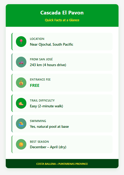 Cascada El Pavon quick facts infographic showing free entrance, location near Ojochal Costa Rica, 4-hour drive from San Jose, easy 2-minute trail, natural swimming pool, and best visiting season December through April
