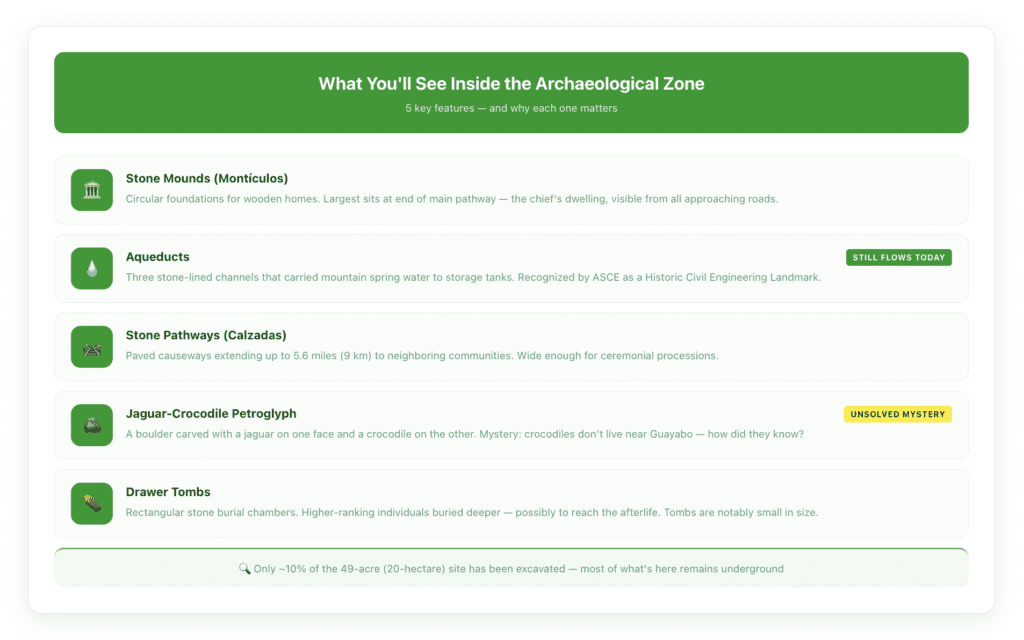 Illustrated site diagram showing Guayabo's main features—stone mounds (montículos), aqueducts, ceremonial pathways (calzadas), and tomb locations—with labels and color-coded zones on a white background using Vamos brand green palette.