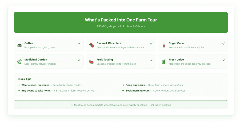 Quick reference card for La Fortuna coffee farm tours showing 6 included experiences like coffee processing, cacao tasting, and sugar cane pressing, plus practical tips for visitors including what to wear and when to book.