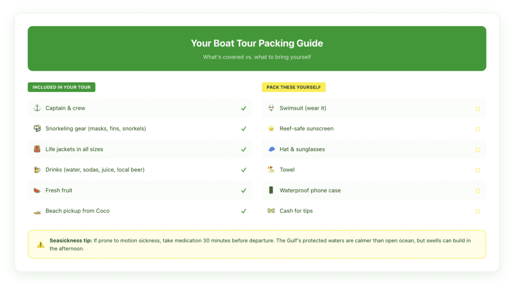 Checklist showing what's included on Playas del Coco boat tours and what to bring, with items like snorkeling gear provided and reef-safe sunscreen recommended to pack.