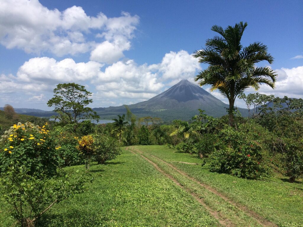 Scenic view of a perfectly conical Costa Rica volcano rising above lush tropical countryside with palm trees, yellow wildflowers, and a dirt track in the foreground under a partly cloudy sky