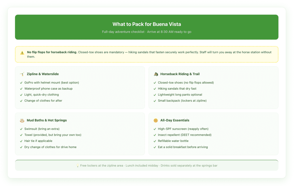 What to bring checklist for the Buena Vista Eco Adventure Park combo tour, organized by activity category: zipline gear, waterslide, horseback riding, hot springs, and general day tips