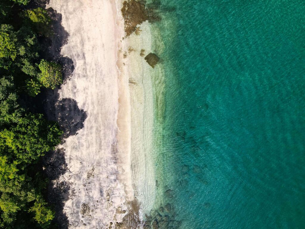 Similar to Costa Rica's remote Pacific coast — aerial view of a narrow white sand beach bordered by dense tropical forest and turquoise ocean