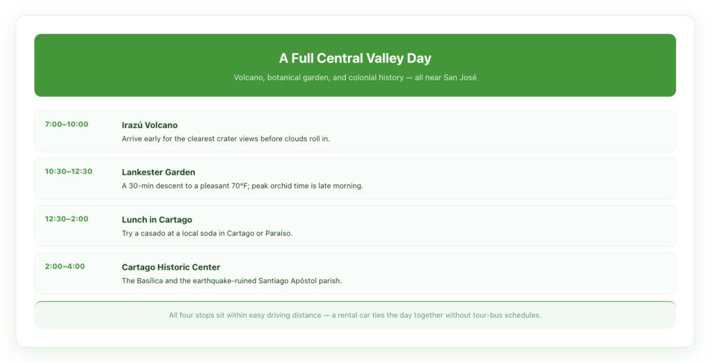 Central Valley day trip combining Lankester Garden: from 7 to 10 AM visit Irazú Volcano for clear crater views, from 10:30 to 12:30 explore Lankester Garden a 30-minute descent to a pleasant 70 degrees, lunch in Cartago from 12:30 to 2 with a casado at a local soda, then Cartago's historic center from 2 to 4 including the Basílica and the earthquake-ruined Santiago Apóstol parish.
