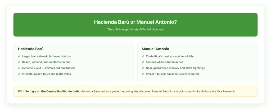 Hacienda Baru versus Manuel Antonio: Hacienda Baru offers a larger trail network with far fewer visitors, beach, wetland and rainforest together, genuinely wild animals, and intimate guided and night tours. Manuel Antonio offers Costa Rica's most accessible wildlife, famous white-sand beaches, near-guaranteed monkey and sloth sightings, but is smaller, busier, and requires advance tickets. If you have three or more days on the Central Pacific, doing both makes sense.