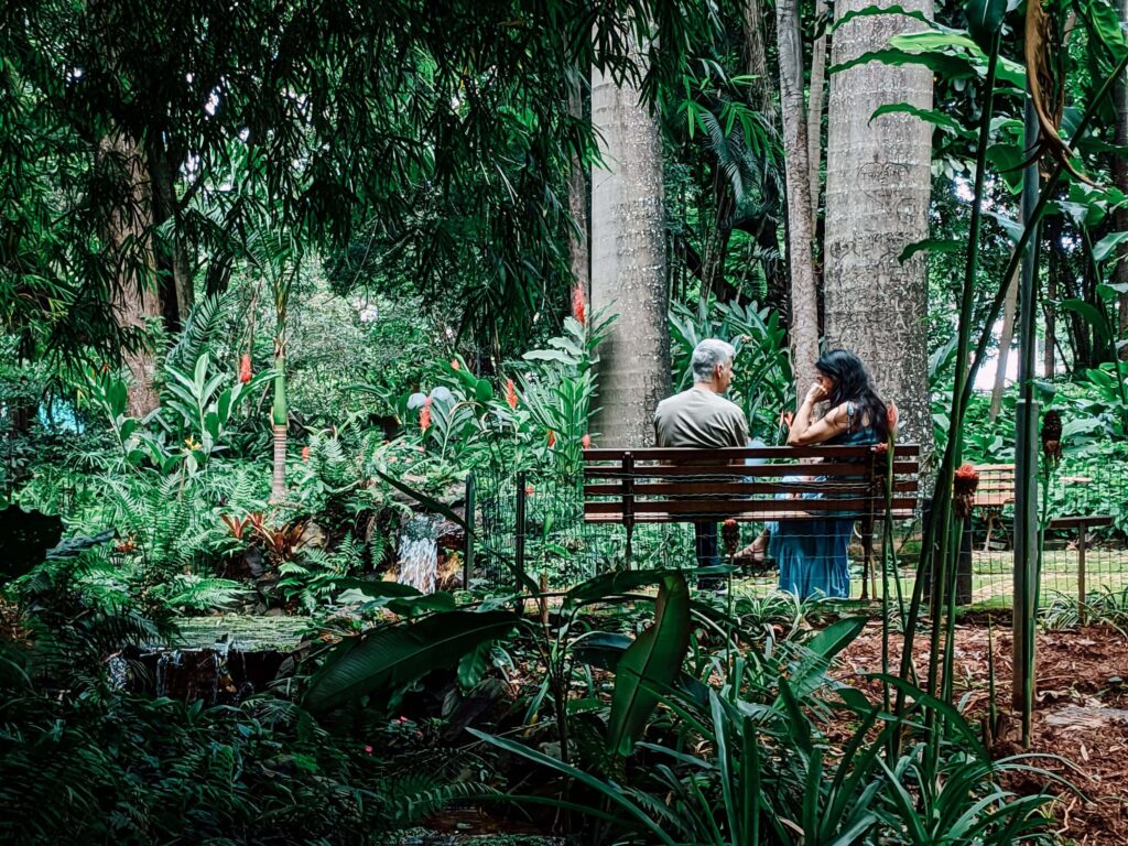 Two people resting on a bench in a shaded tropical garden beside a small pond, similar to Lankester Botanical Garden, Costa Rica