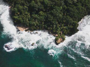 Aerial view of heavy surf breaking around a palm-covered rocky headland, similar to Playa Cocles, Costa Rica